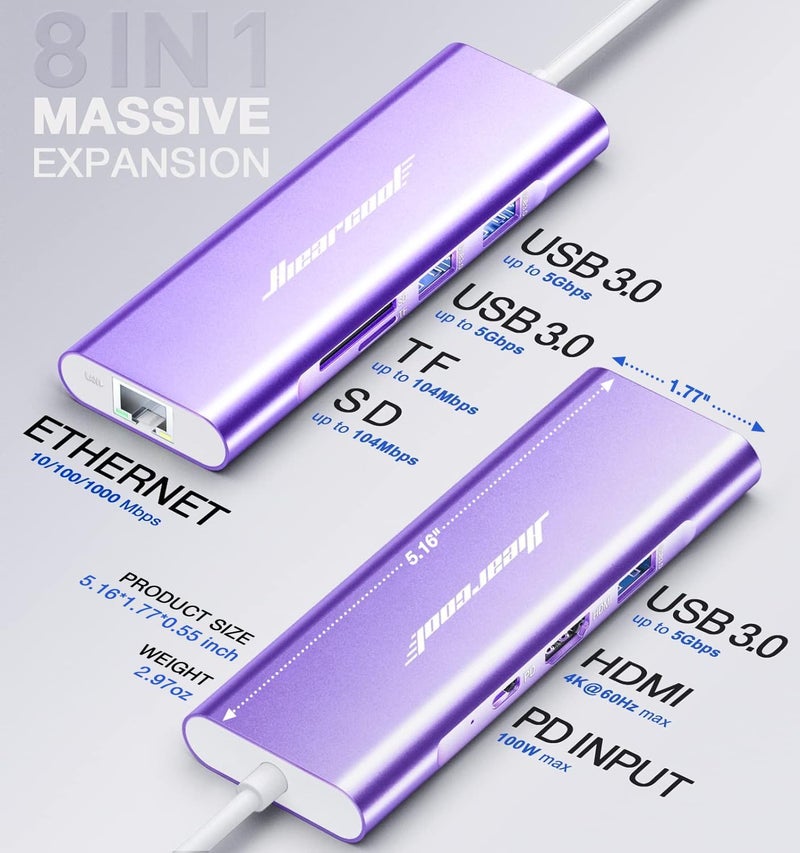 Hiearcool USB C Hub, USB-C Ethernet Dongle 4K@60Hz HDMI Multi-Port Adapter, USBC Docking Station Compatible for MacBook Dell HP Thunderbolt 3 4 Laptops-Purple - Image 5